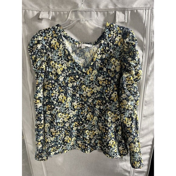 Loft Blouse Women's Medium Smocked Colorful Floral Artsy Long Sleeve Shirt‎ Top - Picture 2 of 7